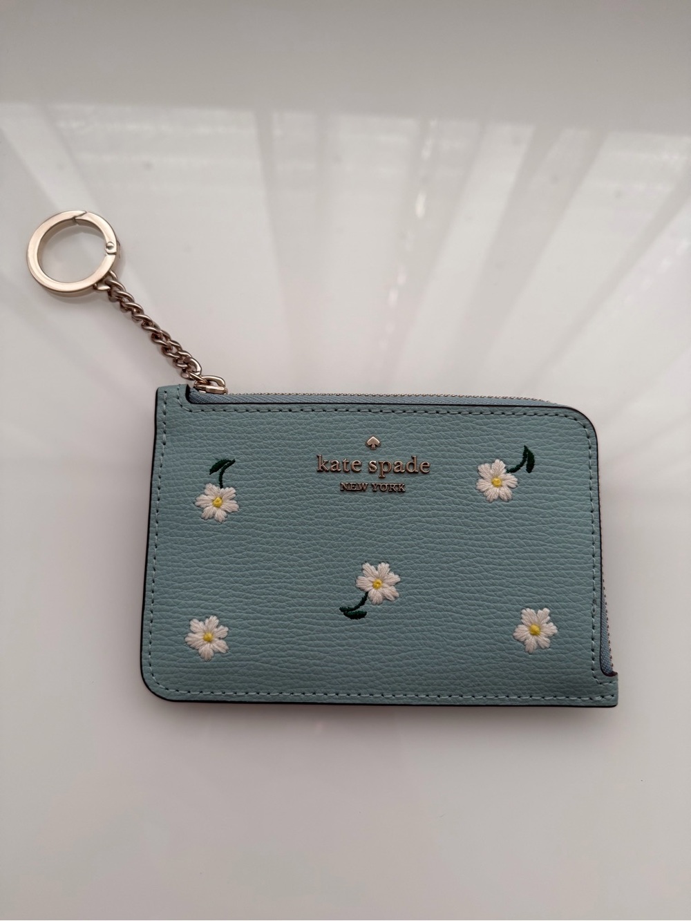 Kate Spade Light Blue Daisy Embroidered Zip Card Case with Keyring